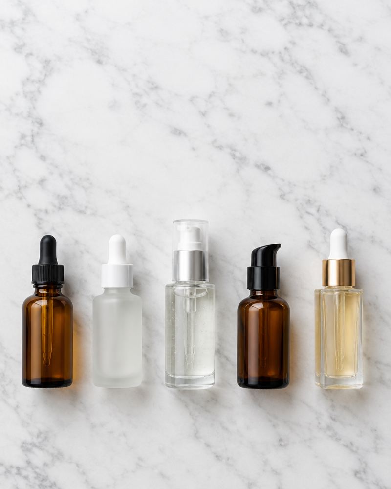 Five serum bottles on a marble counter
